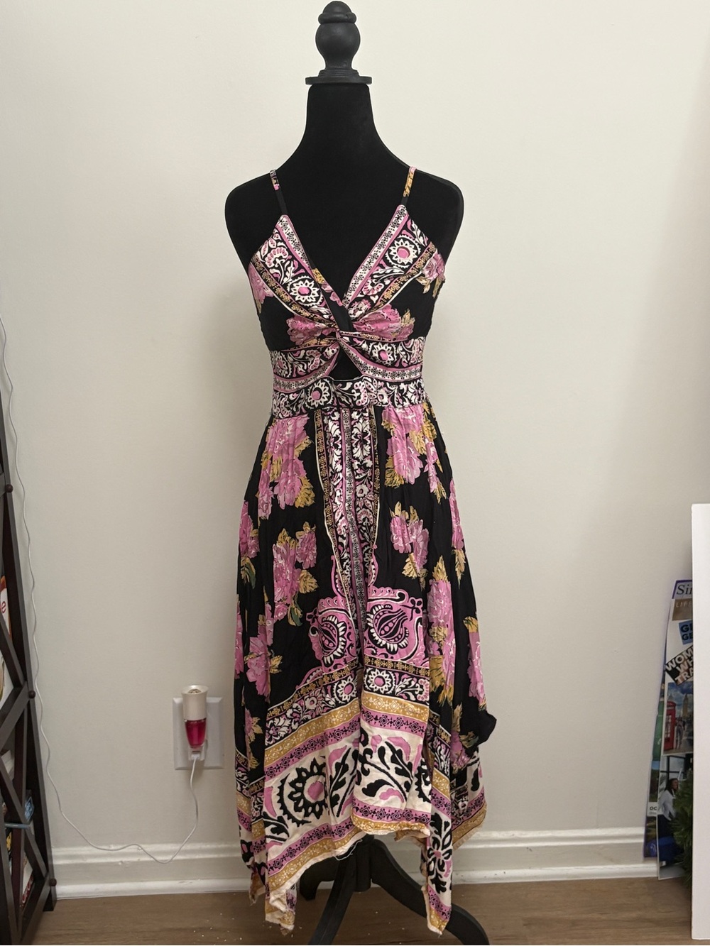 Angie Black & Pink Floral Twist-Front High-Low Dress
